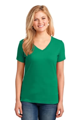 A green ladies' V-neck T-shirt with short sleeves, modelled by a woman. The shirt has a logo on it.