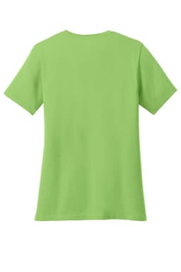 A green ladies' V-neck T-shirt featuring short sleeves and a back view. Includes a logo.