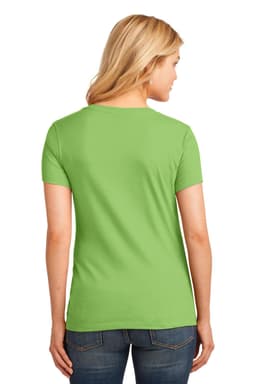 A green ladies' v-neck t-shirt displayed on a model from the back, featuring a smooth fabric finish and short sleeves.