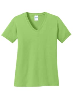 A green Port & Company ladies’ core cotton V-neck tee. The shirt features short sleeves and has a brand logo.