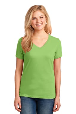 A green ladies' V-neck T-shirt featuring short sleeves and a logo. Perfect for casual wear.