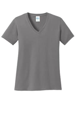 A grey ladies' v-neck t-shirt with short sleeves and a logo on the label.