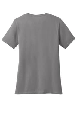 A grey women's V-neck T-shirt with short sleeves and a plain back, featuring a logo.