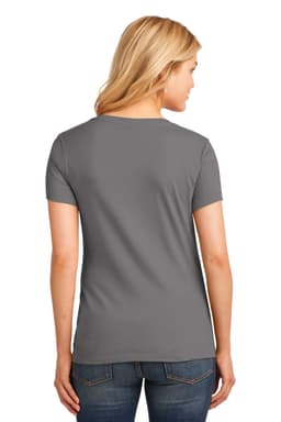 A grey ladies' t-shirt featuring a v-neck design, viewed from the back. The shirt has a simple style and fitted cut.