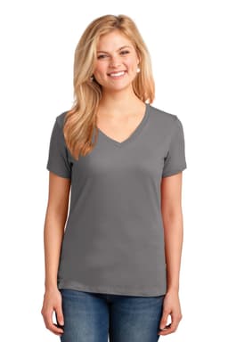 A woman is wearing a grey V-neck T-shirt with short sleeves, featuring a logo on the chest.