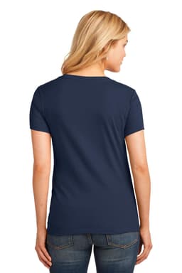 A navy blue ladies' V-neck T-shirt with short sleeves, featuring a smooth back design and a small logo.
