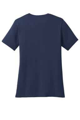 A navy blue women's V-neck T-shirt with short sleeves and a plain back. It features a branding logo.