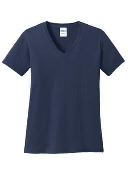 A navy V-neck T-shirt from Port & Company, featuring short sleeves and a brand logo.