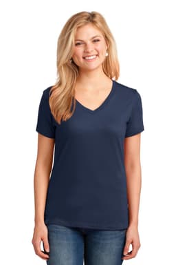 A navy blue v-neck t-shirt for women, featuring short sleeves and a fitted design. Includes a branding logo.