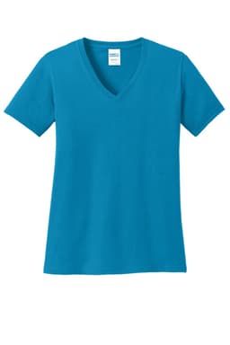 A vibrant turquoise V-neck T-shirt for ladies, featuring short sleeves and a simple design. Includes a logo.