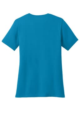 A blue ladies' V-neck T-shirt with short sleeves, featuring a plain back and no visible graphics or logos.