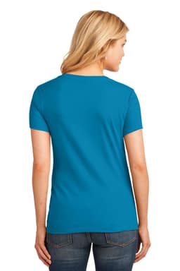 A blue ladies' V-neck t-shirt with short sleeves, featuring a logo on the back.