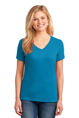 A turquoise V-neck t-shirt for women, featuring short sleeves and a fitted design. The shirt has a logo on it.