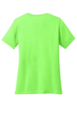 A bright green ladies' v-neck t-shirt with short sleeves and a plain back, featuring a logo.