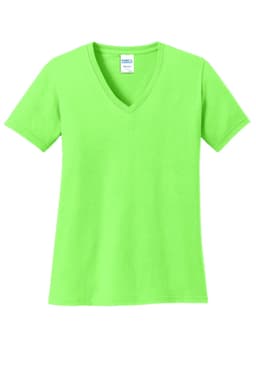 A green ladies' V-neck T-shirt made of cotton, featuring short sleeves and a logo.