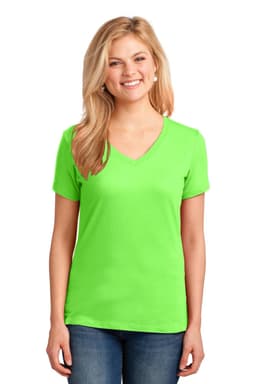 A women's v-neck t-shirt in bright green, featuring short sleeves and a slim fit. The shirt has a logo.