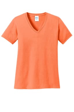 An orange ladies' V-neck T-shirt with short sleeves, made of cotton, featuring a branding label.