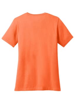 An orange women's V-neck T-shirt with short sleeves, featuring a plain back and a logo.
