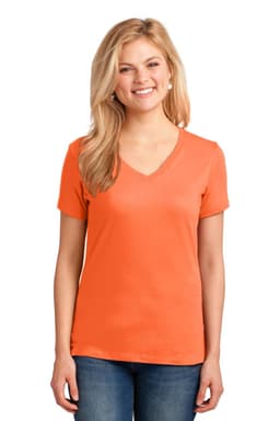 An orange ladies' V-neck t-shirt with short sleeves, displayed on a model. Features a logo on the garment.