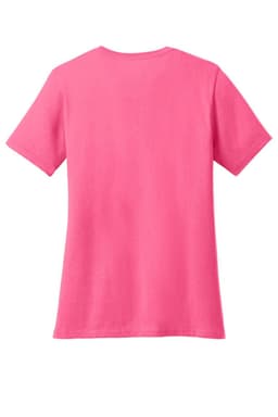 A pink V-neck T-shirt featuring short sleeves and a plain back, made from core cotton fabric.