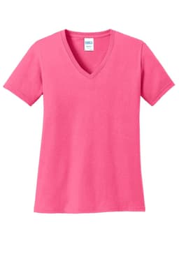 A pink ladies' core cotton V-neck t-shirt featuring short sleeves and a logo.