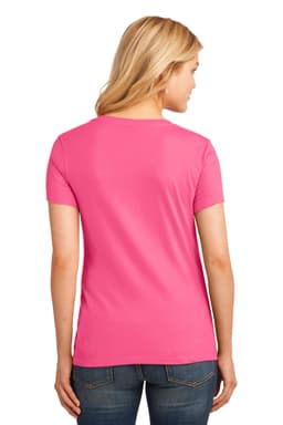 A pink ladies' V-neck tee with a fitted design, featuring a logo on the back.