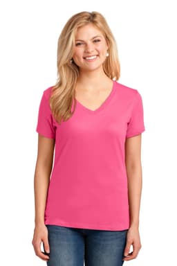 A pink v-neck t-shirt for ladies, featuring short sleeves and a fitted design, with a logo on the front.