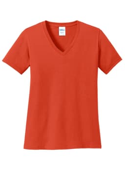 An orange v-neck t-shirt with short sleeves, featuring a brand logo on the label.
