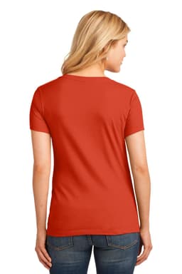 A red women's V-neck T-shirt with short sleeves, featuring a smooth fabric and a fitted design, viewed from the back.