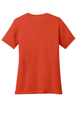 A vibrant orange ladies' V-neck t-shirt with short sleeves, featuring a simple design and a logo on the back.