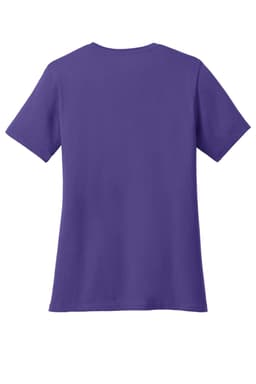 A purple ladies' V-neck T-shirt with short sleeves, featuring a plain back and a logo on the fabric.