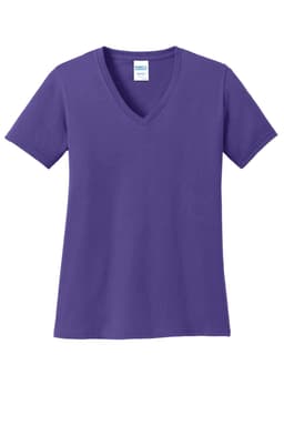 A purple v-neck t-shirt with short sleeves, featuring a logo on the label.