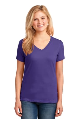 A purple Ladies Core Cotton V-Neck Tee displayed on a model, featuring a fitted design and short sleeves.