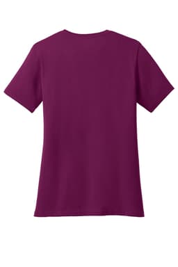 A burgundy ladies' V-neck T-shirt featuring short sleeves and a plain back, with an unspecified logo.