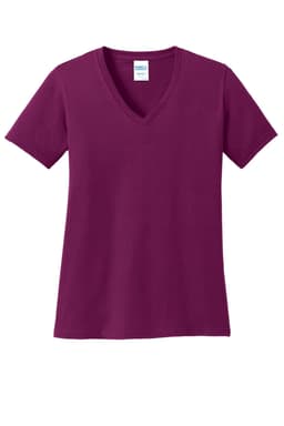 A maroon V-neck T-shirt featuring short sleeves and a plain design. It has a branding label in the neckline.