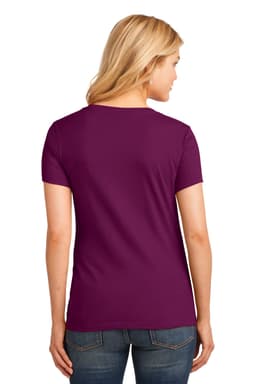 A purple ladies' V-neck t-shirt with short sleeves, featuring a plain back and a fitted design.