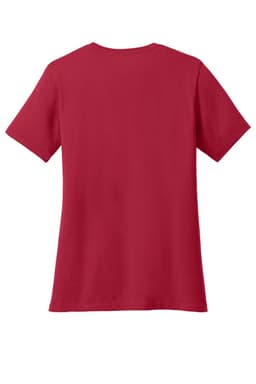 A red v-neck t-shirt with short sleeves, featuring a plain back design and a branding logo.