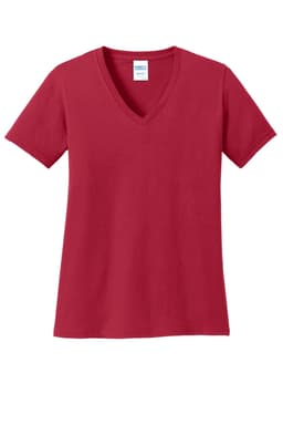 A red ladies' V-neck T-shirt made from core cotton. The shirt has short sleeves and features a logo.