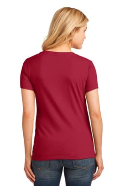 A red ladies' V-neck t-shirt, featuring a fitted design, viewed from the back. The shirt has no visible logos.
