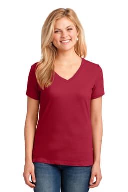 A maroon ladies' V-neck T-shirt displayed on a model, featuring short sleeves and a logo.
