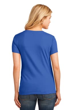 A woman wearing a blue Port & Company Ladies Core Cotton V-Neck Tee, viewed from the back. The shirt has a logo.