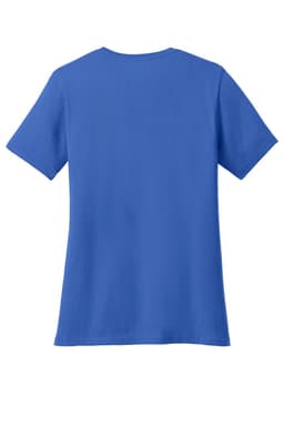 A blue ladies' V-neck t-shirt with short sleeves and a back view. It features a logo on the back.