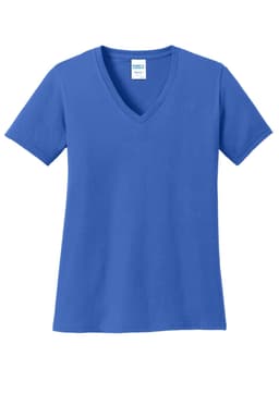 A blue ladies' cotton V-neck T-shirt with short sleeves, featuring a branding logo on the label.