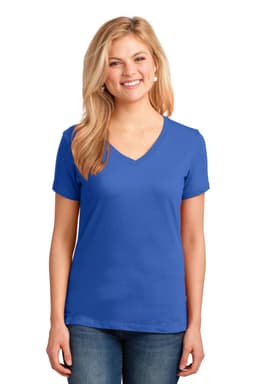 A blue ladies' V-neck t-shirt featuring short sleeves and a fitted design. It has a logo on it.