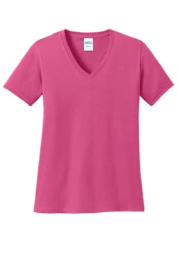 A pink ladies' V-neck t-shirt featuring short sleeves and a logo on the label.