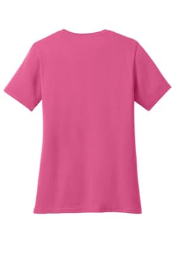 A pink ladies' V-neck T-shirt, featuring short sleeves and a plain back, with a logo present.