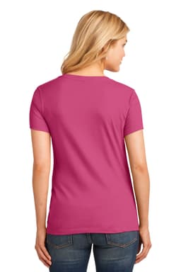 A pink ladies' V-neck t-shirt displayed from the back, featuring a fitted design and short sleeves.