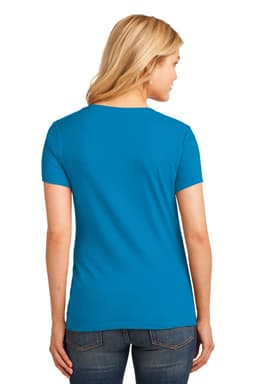 A blue women's V-neck t-shirt with a fitted silhouette, featuring a logo on the back.