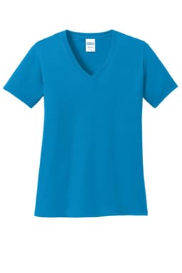 A blue ladies' V-neck T-shirt featuring short sleeves and a simple design with a logo.
