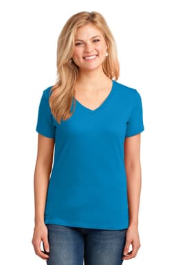 A blue ladies' V-neck t-shirt displayed on a model with casual denim jeans. The shirt features a logo.
